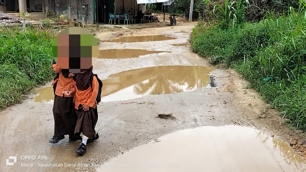 Jalan di Salah Satu Kecamatan Darul Aman Bagaikan Kubangan Kerbau, Pemdes Setempat Terkesan Tutup Mata